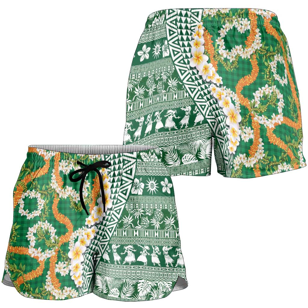 Hawaiian Plumeria Lei Shorts for Women Kakau Motifs and Palaka Half Style Green Color - Polynesian Pride