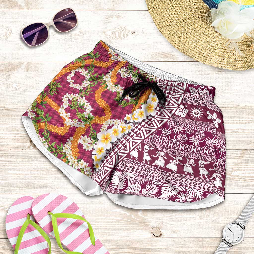 Hawaiian Plumeria Lei Shorts for Women Kakau Motifs and Palaka Half Style Pink Color - Polynesian Pride