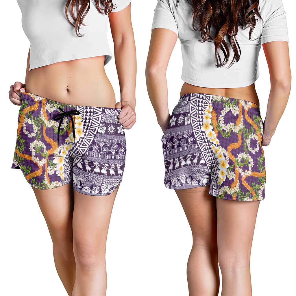 Hawaiian Plumeria Lei Shorts for Women Kakau Motifs and Palaka Half Style Purple Color - Polynesian Pride