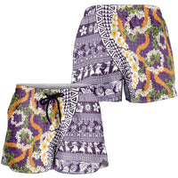 Hawaiian Plumeria Lei Shorts for Women Kakau Motifs and Palaka Half Style Purple Color - Polynesian Pride