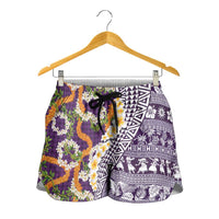 Hawaiian Plumeria Lei Shorts for Women Kakau Motifs and Palaka Half Style Purple Color - Polynesian Pride