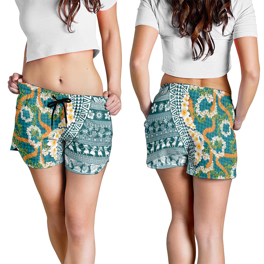 Hawaiian Plumeria Lei Shorts for Women Kakau Motifs and Palaka Half Style Turquoise Color - Polynesian Pride