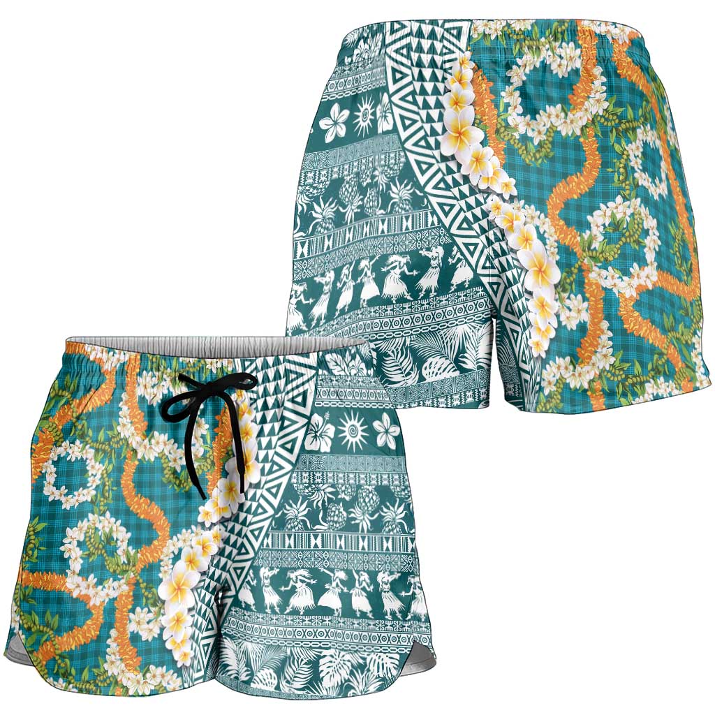 Hawaiian Plumeria Lei Shorts for Women Kakau Motifs and Palaka Half Style Turquoise Color - Polynesian Pride