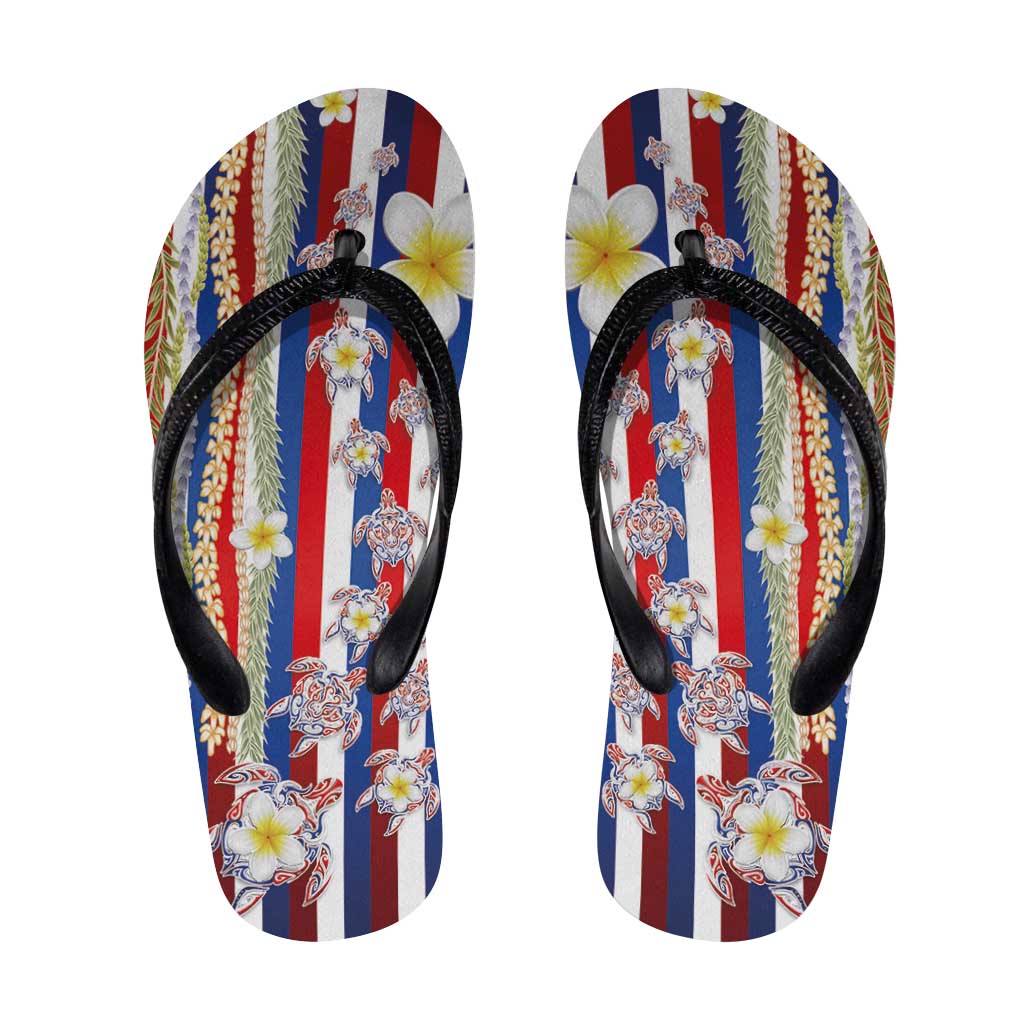 Hawaiian Polynesian Tribal Turtles Flip Flops with Lei and Flag Style
