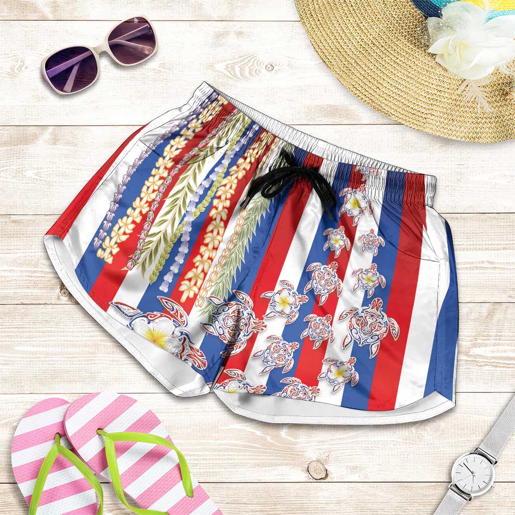 Hawaiian Polynesian Tribal Turtles Shorts for Women with Lei and Flag Style