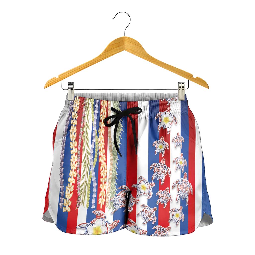 Hawaiian Polynesian Tribal Turtles Shorts for Women with Lei and Flag Style