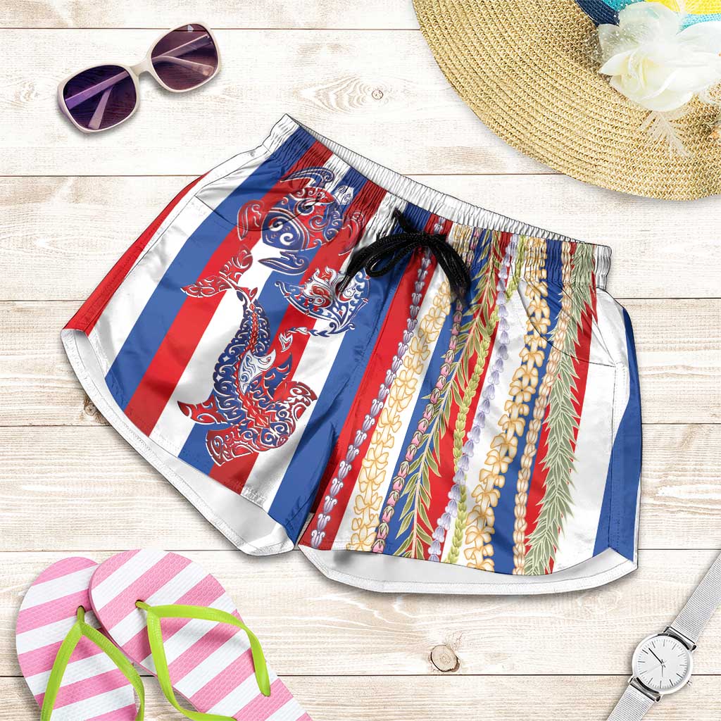 Hawaiian Sea Animals Shorts for Women with Lei and Flag Style