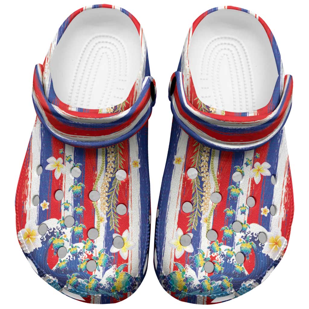 Hawaiian Sea Turtles and Plumeria Clogs Shoes with Lei and Flag Grunge Style LT03 Multicolor - Polynesian Pride