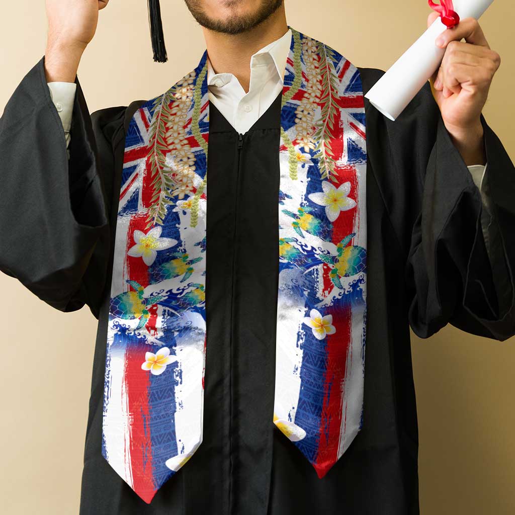 Hawaiian Sea Turtles and Plumeria Graduation Stole with Lei and Flag Grunge Style LT03 - Polynesian Pride