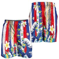 Hawaiian Sea Turtles and Plumeria Shorts for Men with Lei and Flag Grunge Style
