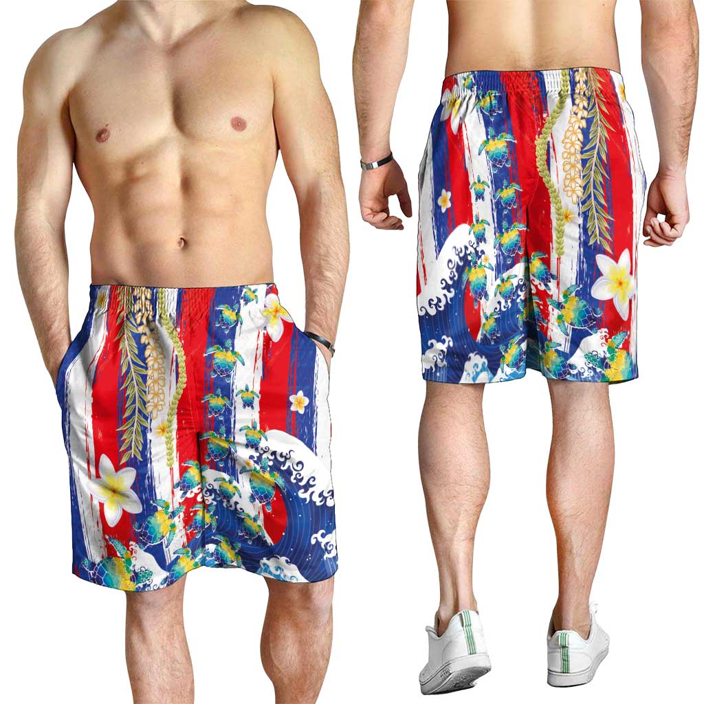 Hawaiian Sea Turtles and Plumeria Shorts for Men with Lei and Flag Grunge Style