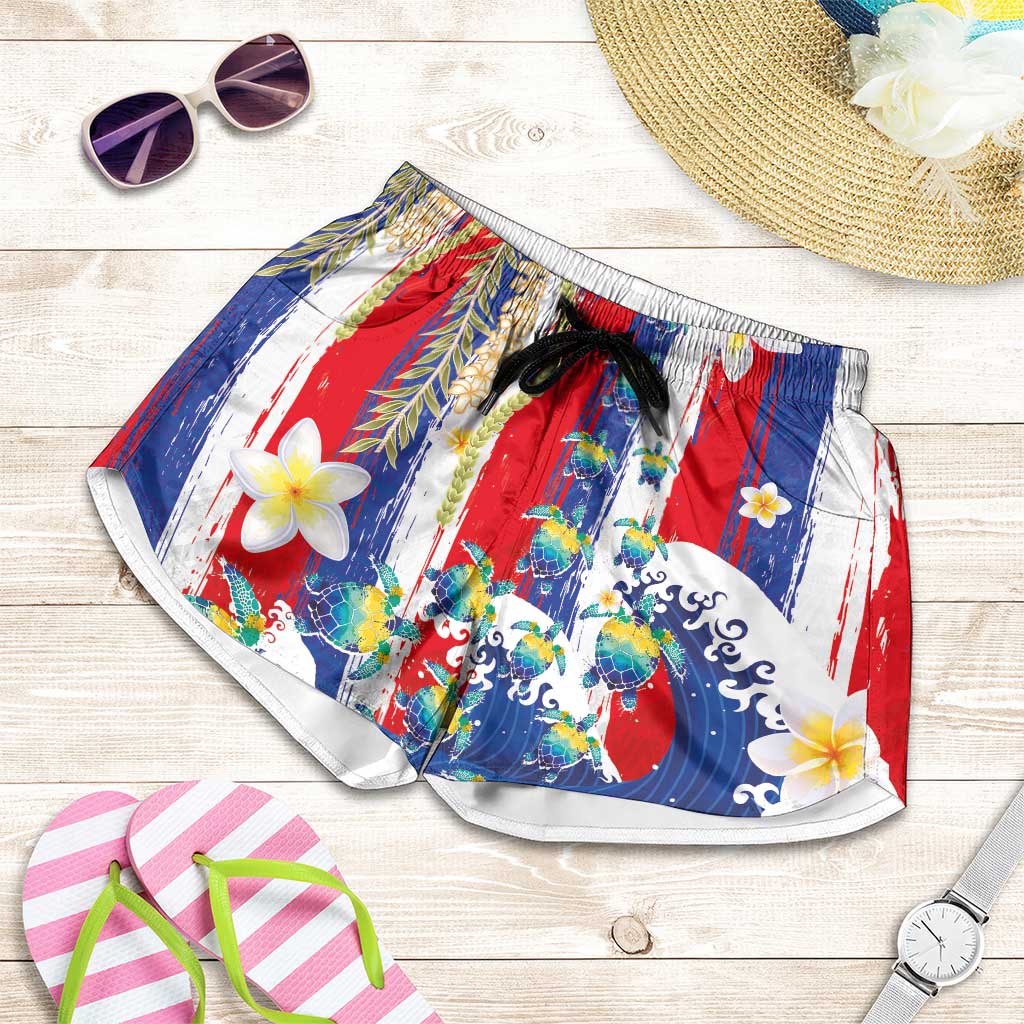 Hawaiian Sea Turtles and Plumeria Shorts for Women with Lei and Flag Grunge Style LT03 Multicolor - Polynesian Pride