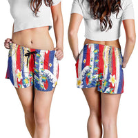 Hawaiian Sea Turtles and Plumeria Shorts for Women with Lei and Flag Grunge Style LT03 - Polynesian Pride