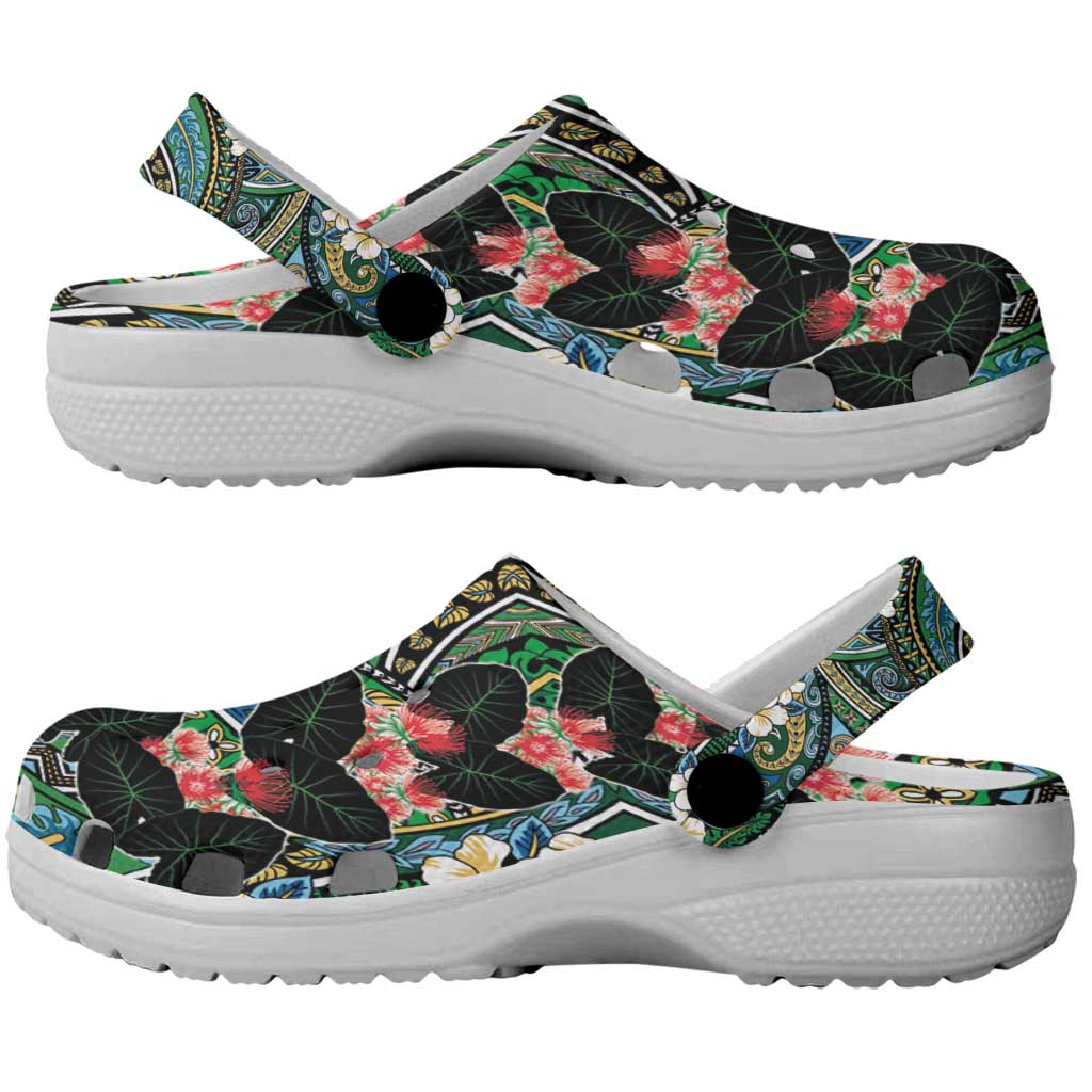 Hawaiian Taro Leaves and Ohia Lehua Clogs Shoes Polynesian Tribal Art Tropical Plants Motifs Colorful