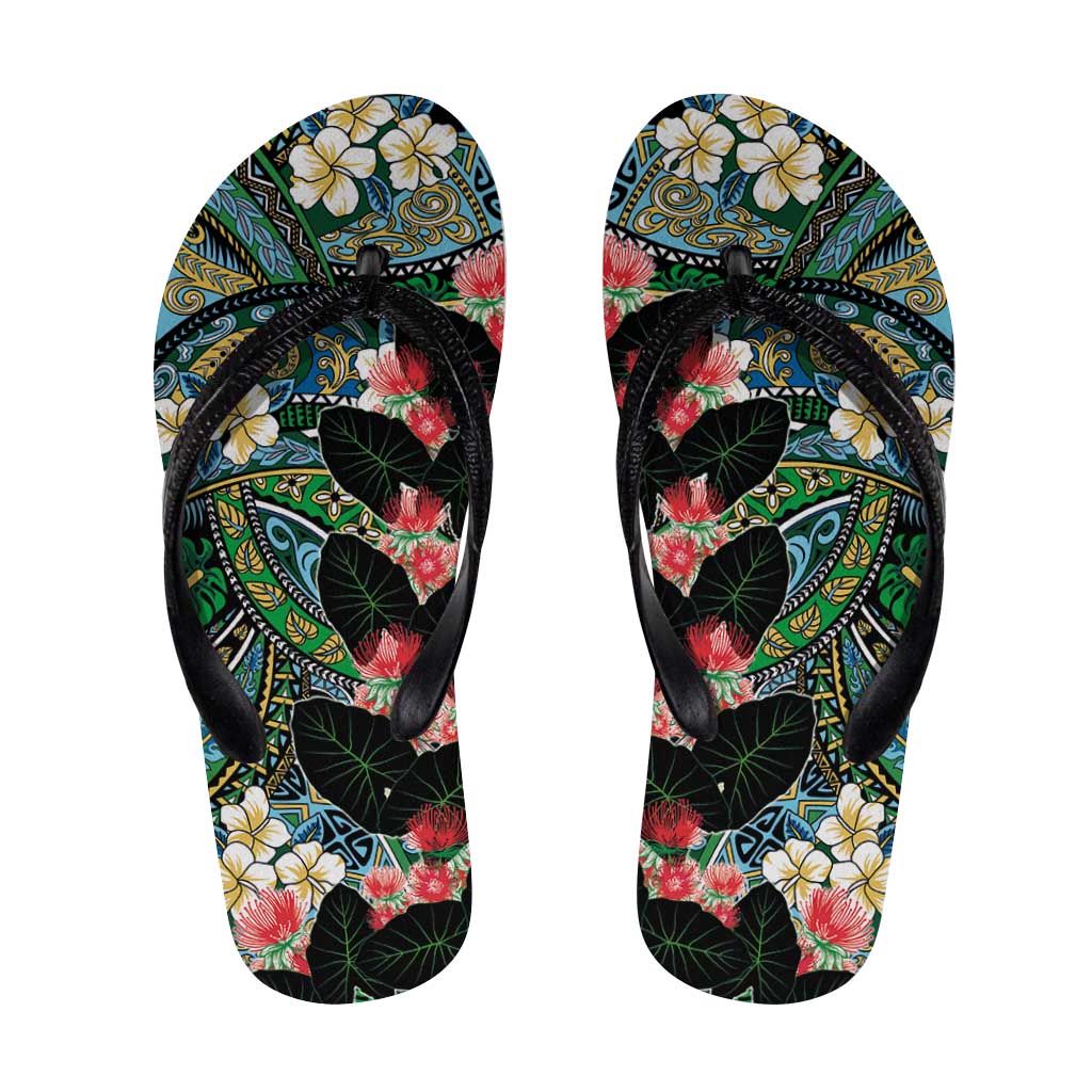Hawaiian Taro Leaves and Ohia Lehua Flip Flops Polynesian Tribal Art Tropical Plants Motifs Colorful