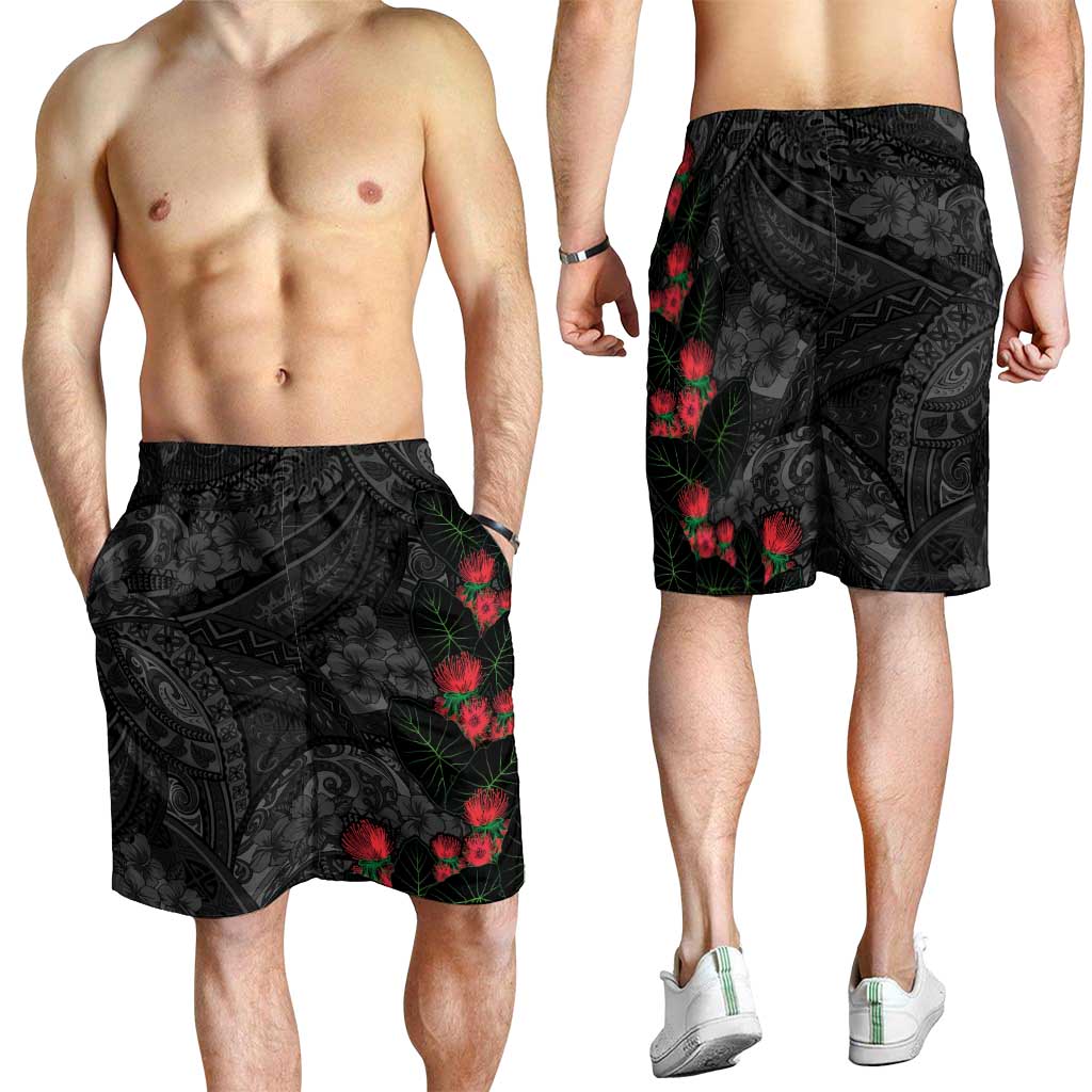 Hawaiian Taro Leaves and Ohia Lehua Shorts for Men Polynesian Tribal Art Tropical Plants Motifs Grayscale