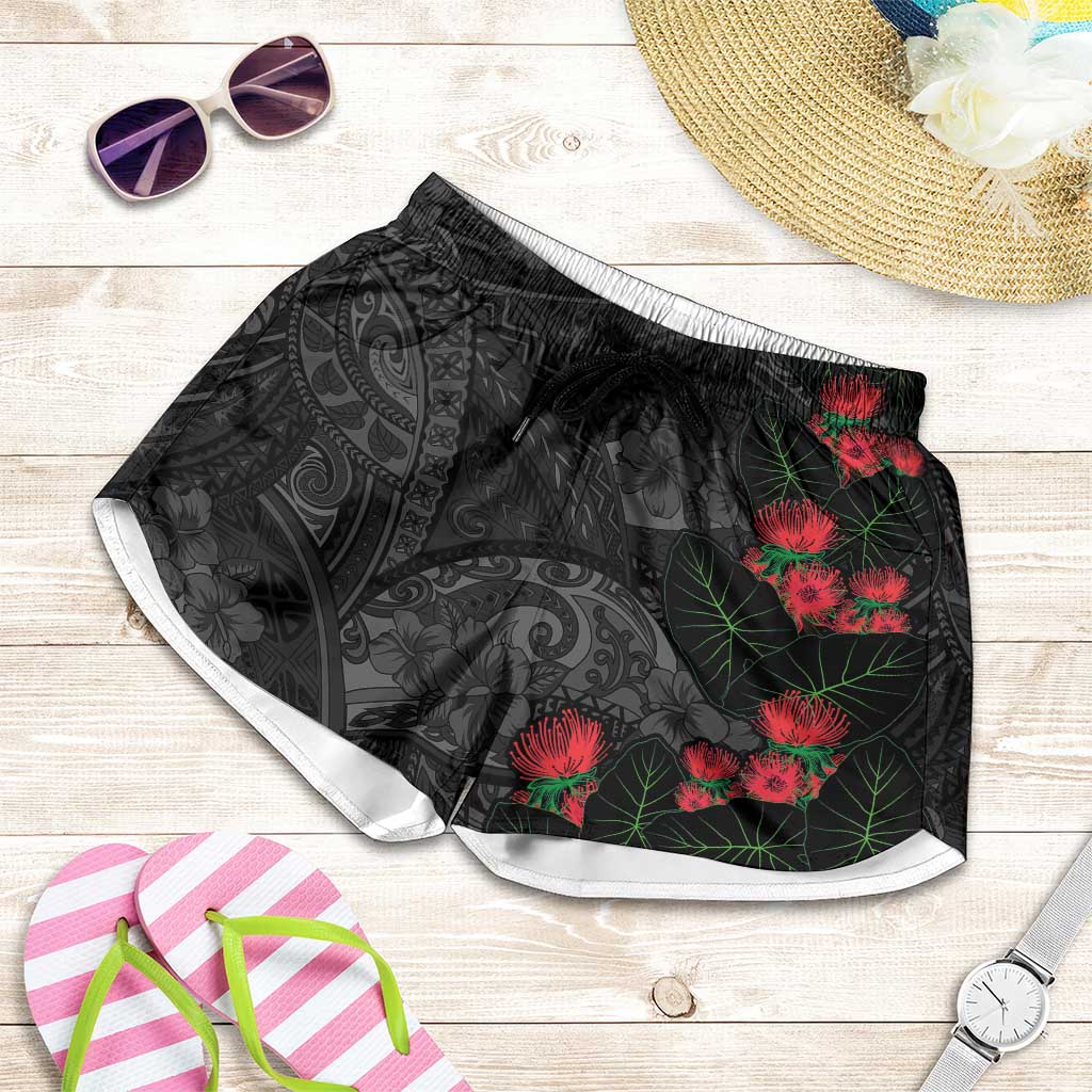 Hawaiian Taro Leaves and Ohia Lehua Shorts for Women Polynesian Tribal Art Tropical Plants Motifs Grayscale LT03 Multicolor - Polynesian Pride