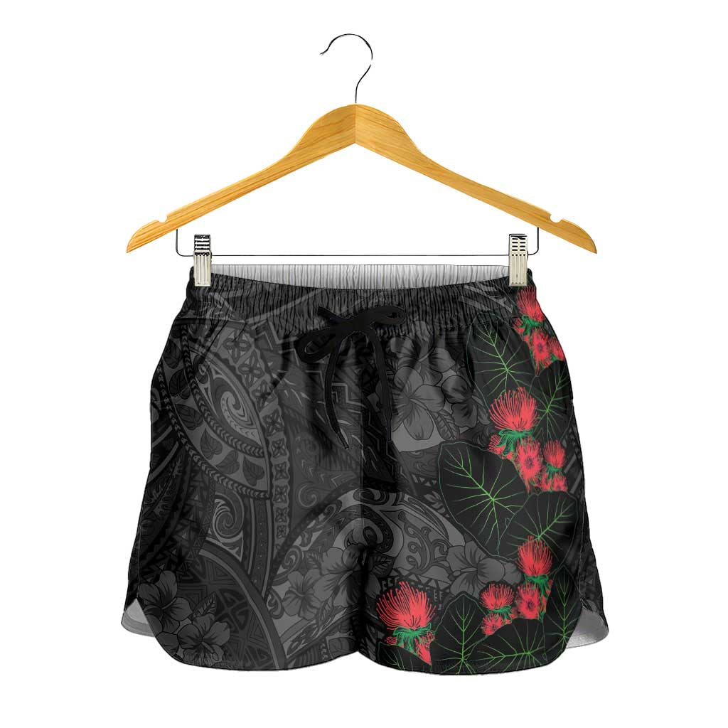 Hawaiian Taro Leaves and Ohia Lehua Shorts for Women Polynesian Tribal Art Tropical Plants Motifs Grayscale LT03 - Polynesian Pride
