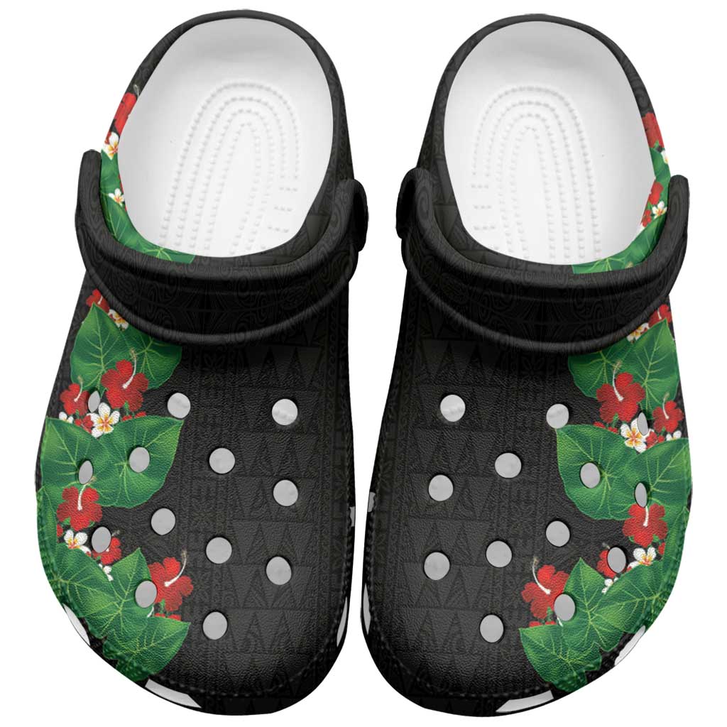Hawaiian Taro Leaves-Hibiscus and Plumeria Clogs Shoes Polynesian Art-Kakau Tattoo Black LT03 Black - Polynesian Pride