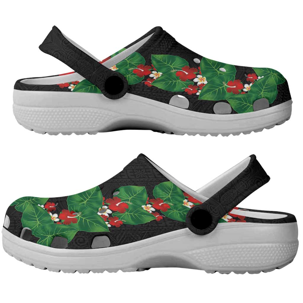 Hawaiian Taro Leaves-Hibiscus and Plumeria Clogs Shoes Polynesian Art-Kakau Tattoo Black LT03 - Polynesian Pride
