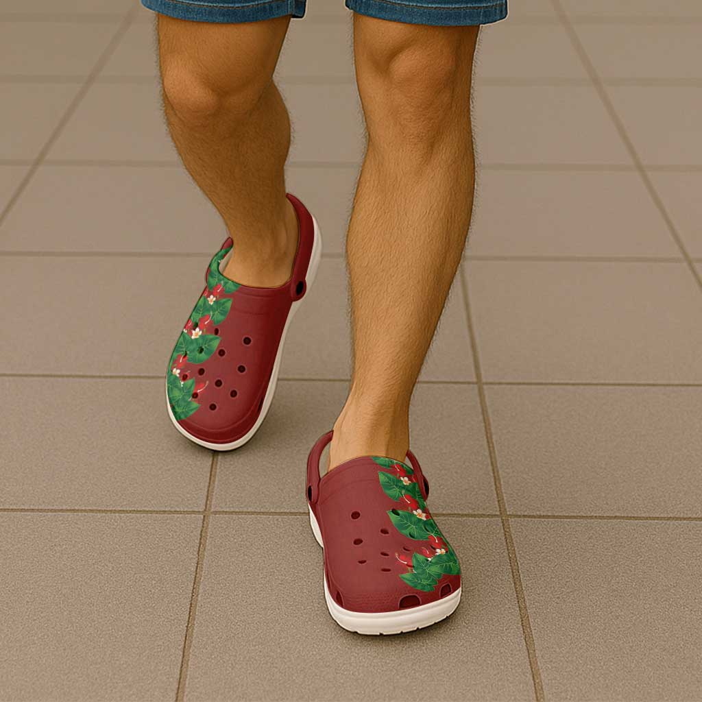 Hawaiian Taro Leaves-Hibiscus and Plumeria Clogs Shoes Polynesian Art-Kakau Tattoo Red LT03 - Polynesian Pride