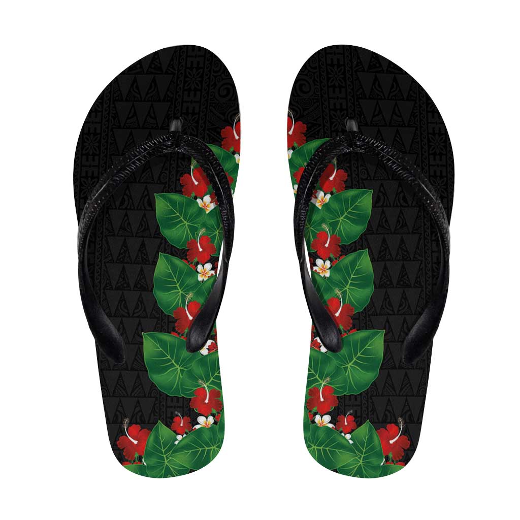 Hawaiian Taro Leaves-Hibiscus and Plumeria Flip Flops Polynesian Art-Kakau Tattoo Black