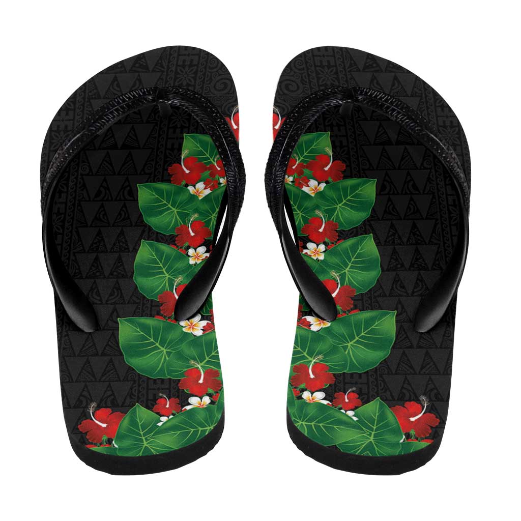 Hawaiian Taro Leaves-Hibiscus and Plumeria Flip Flops Polynesian Art-Kakau Tattoo Black LT03 - Polynesian Pride