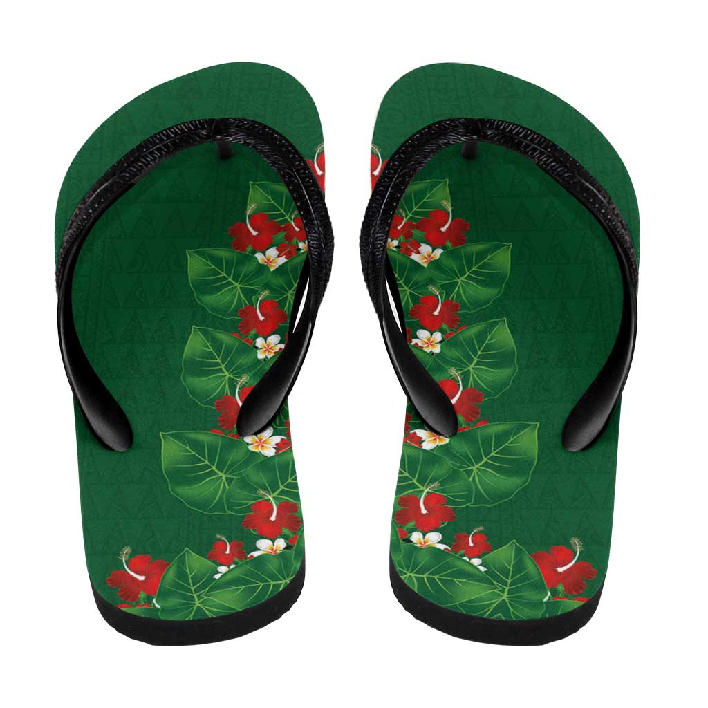 Hawaiian Taro Leaves-Hibiscus and Plumeria Flip Flops Polynesian Art-Kakau Tattoo Green LT03 - Polynesian Pride
