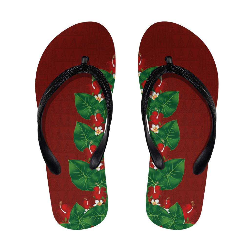 Hawaiian Taro Leaves-Hibiscus and Plumeria Flip Flops Polynesian Art-Kakau Tattoo Red