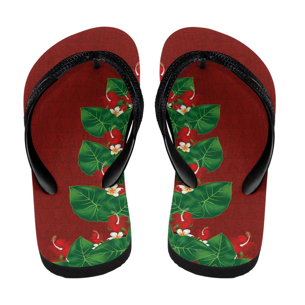 Hawaiian Taro Leaves-Hibiscus and Plumeria Flip Flops Polynesian Art-Kakau Tattoo Red LT03 - Polynesian Pride