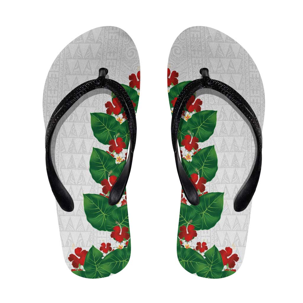 Hawaiian Taro Leaves-Hibiscus and Plumeria Flip Flops Polynesian Art-Kakau Tattoo White LT03 White - Polynesian Pride