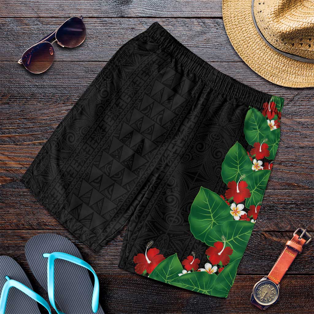 Hawaiian Taro Leaves-Hibiscus and Plumeria Shorts for Men Polynesian Art-Kakau Tattoo Black