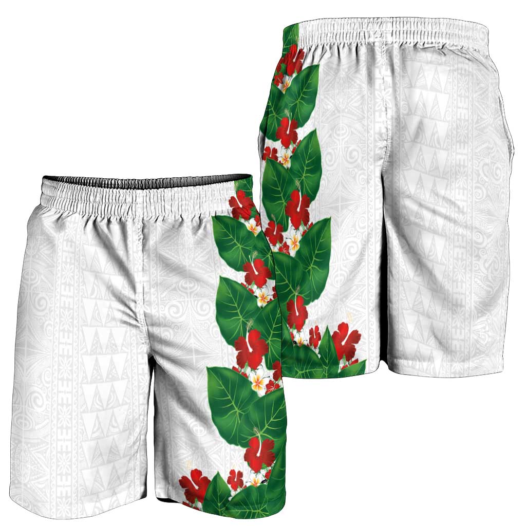 Hawaiian Taro Leaves-Hibiscus and Plumeria Shorts for Men Polynesian Art-Kakau Tattoo White LT03 - Polynesian Pride