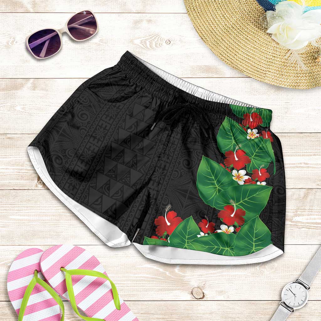 Hawaiian Taro Leaves-Hibiscus and Plumeria Shorts for Women Polynesian Art-Kakau Tattoo Black