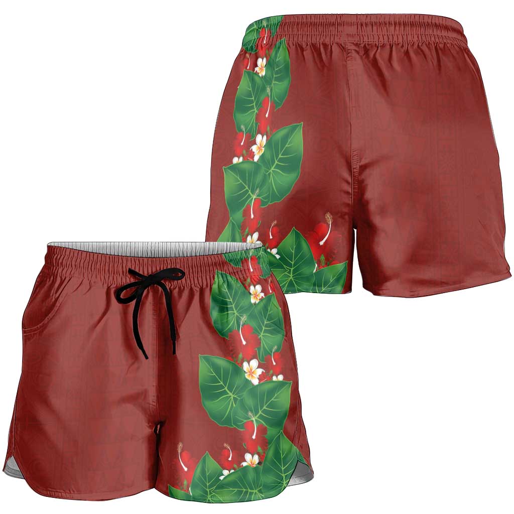 Hawaiian Taro Leaves-Hibiscus and Plumeria Shorts for Women Polynesian Art-Kakau Tattoo Red