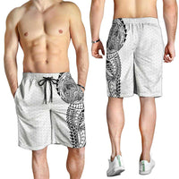 Hawaiian Traditional Tattoos Shorts for Men Kakau Tribal Tropical Plant Motif White Color