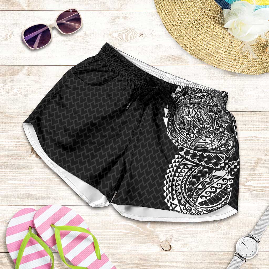 Hawaiian Traditional Tattoos Shorts for Women Kakau Tribal Tropical Plant Motif Black Color LT03 Black - Polynesian Pride