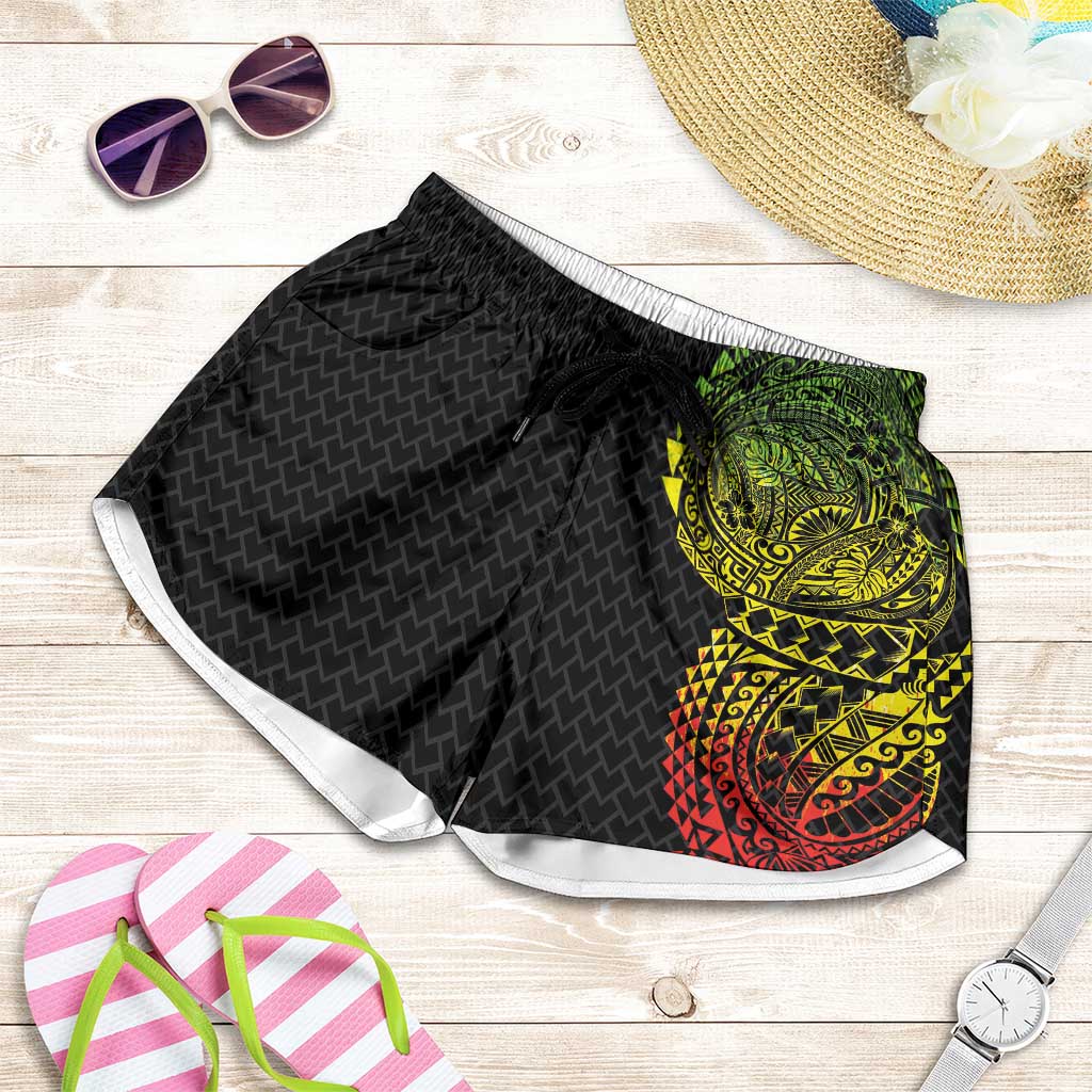 Hawaiian Traditional Tattoos Shorts for Women Kakau Tribal Tropical Plant Motif Kanaka Maoli Flag Color Inspired LT03 Multicolor - Polynesian Pride