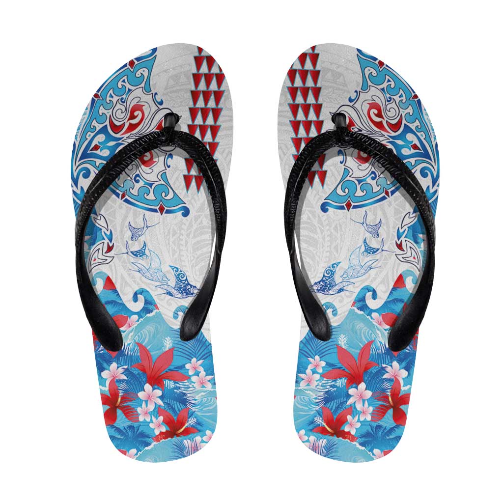 Hawaiian Tribal Manta Ray Flip Flops Kakau Tattoo and Flowers Surfing Waves Pattern Ocean Color
