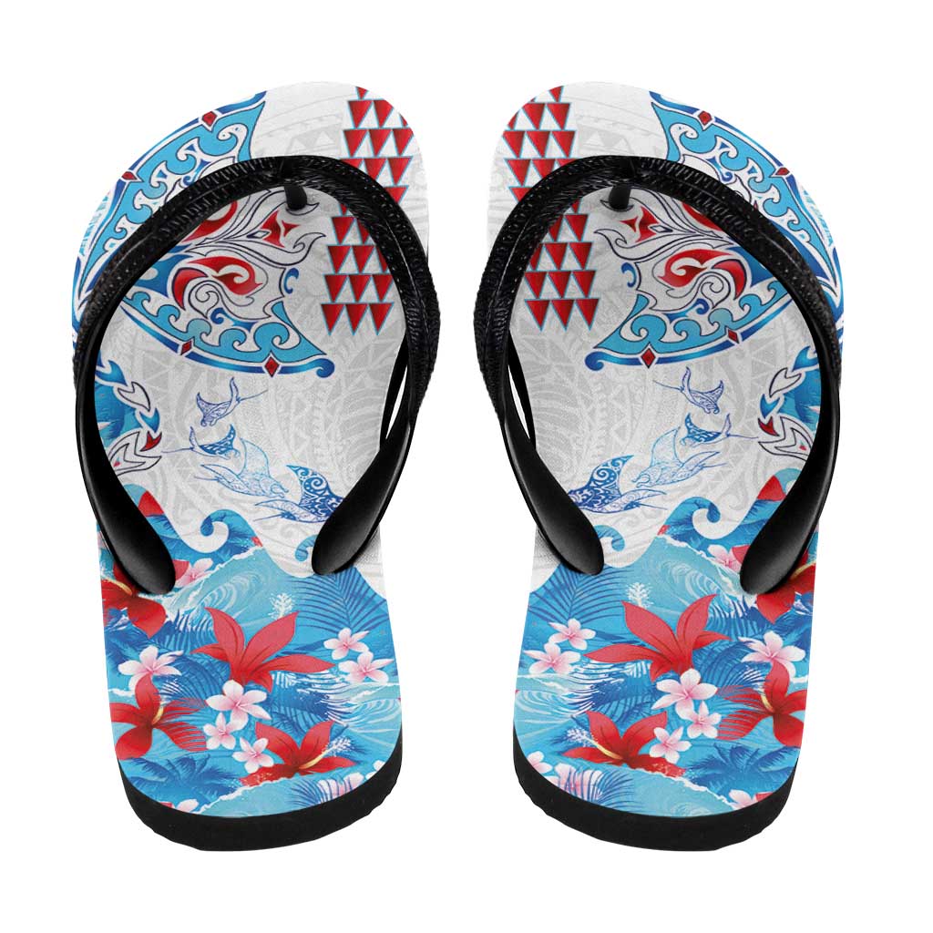 Hawaiian Tribal Manta Ray Flip Flops Kakau Tattoo and Flowers Surfing Waves Pattern Ocean Color