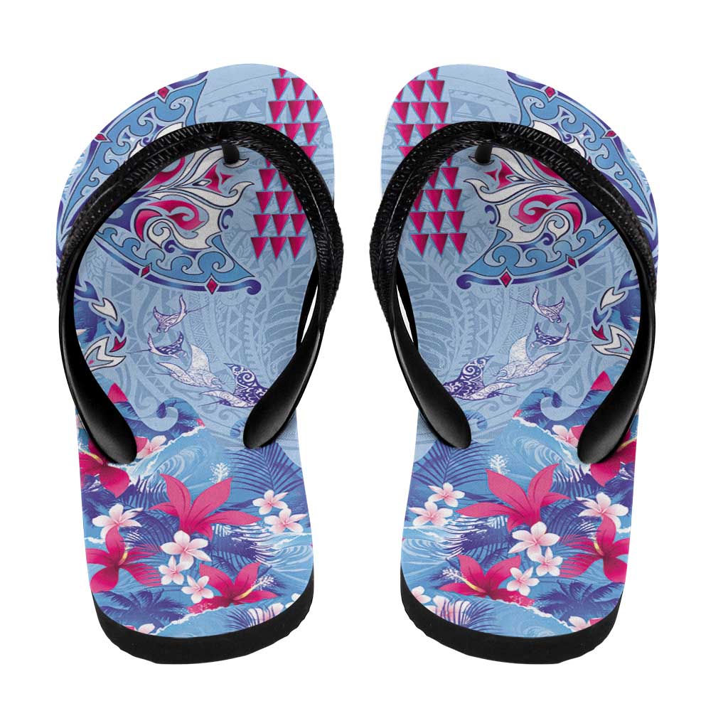 Hawaiian Tribal Manta Ray Flip Flops Kakau Tattoo and Flowers Surfing Waves Pattern Soft Color