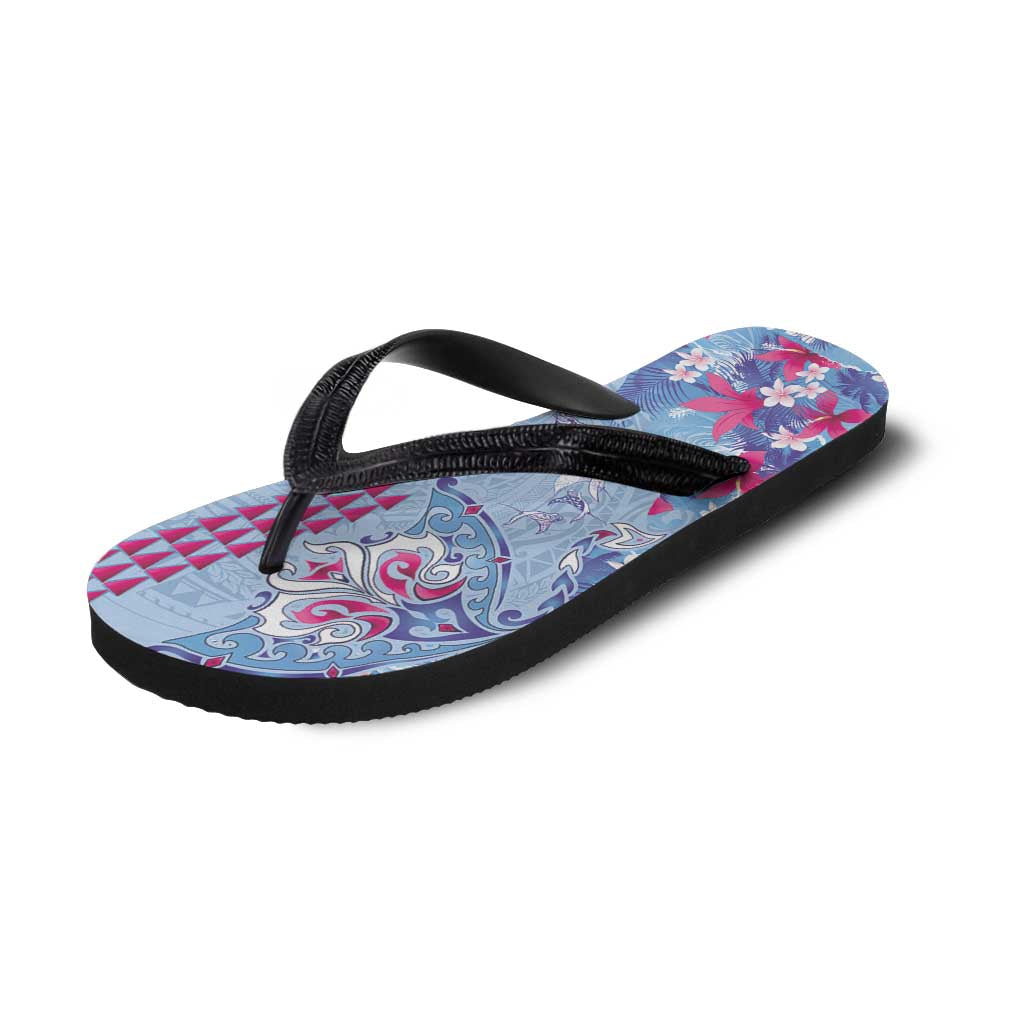 Hawaiian Tribal Manta Ray Flip Flops Kakau Tattoo and Flowers Surfing Waves Pattern Soft Color