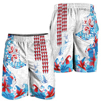 Hawaiian Tribal Manta Ray Shorts for Men Kakau Tattoo and Flowers Surfing Waves Pattern Ocean Color