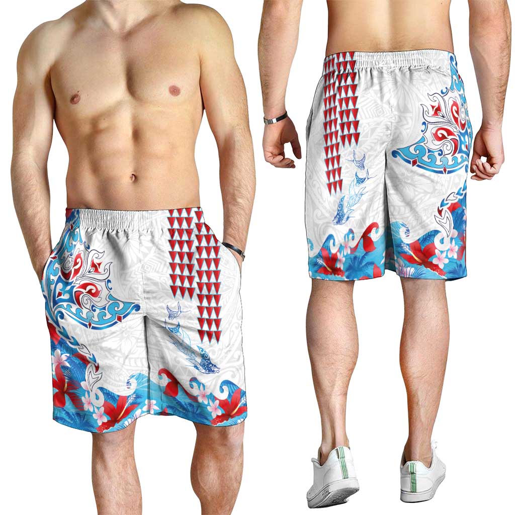 Hawaiian Tribal Manta Ray Shorts for Men Kakau Tattoo and Flowers Surfing Waves Pattern Ocean Color