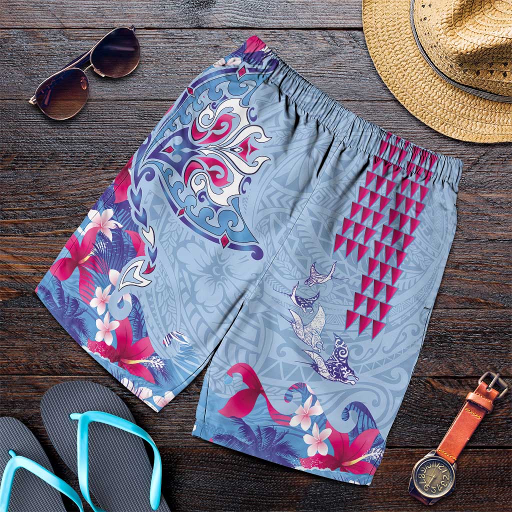 Hawaiian Tribal Manta Ray Shorts for Men Kakau Tattoo and Flowers Surfing Waves Pattern Soft Color