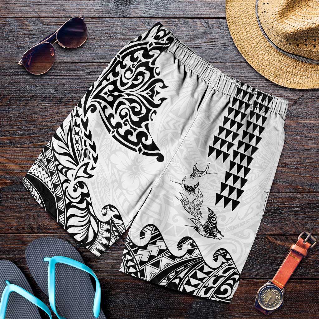 Hawaiian Tribal Manta Ray Shorts for Men Kakau Tattoo and Polynesian Art Motif Pattern