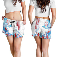 Hawaiian Tribal Manta Ray Shorts for Women Kakau Tattoo and Flowers Surfing Waves Pattern Ocean Color