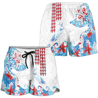 Hawaiian Tribal Manta Ray Shorts for Women Kakau Tattoo and Flowers Surfing Waves Pattern Ocean Color