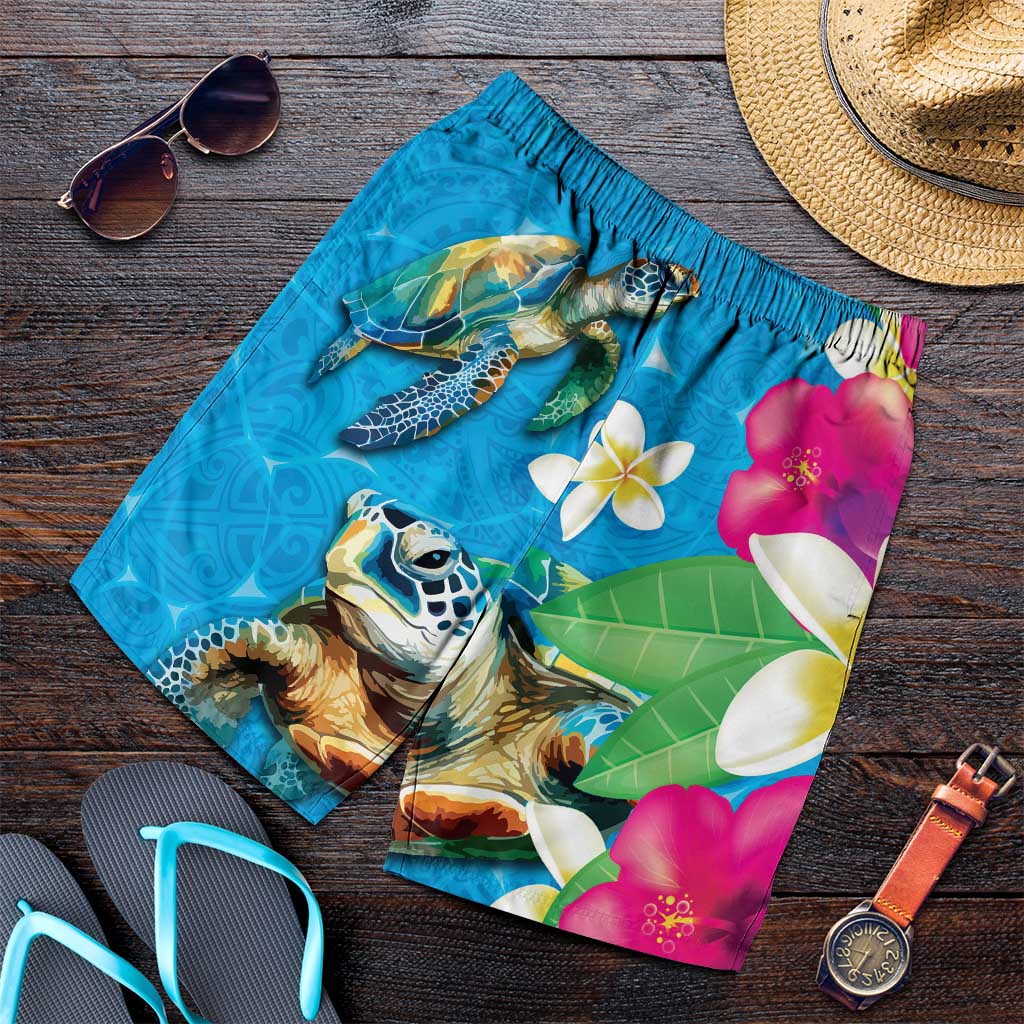 Hawaiian Tropical Flower Honu Shorts for Men Under The Blue Water LT03 Blue - Polynesian Pride