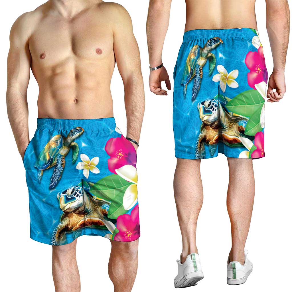 Hawaiian Tropical Flower Honu Shorts for Men Under The Blue Water LT03 - Polynesian Pride